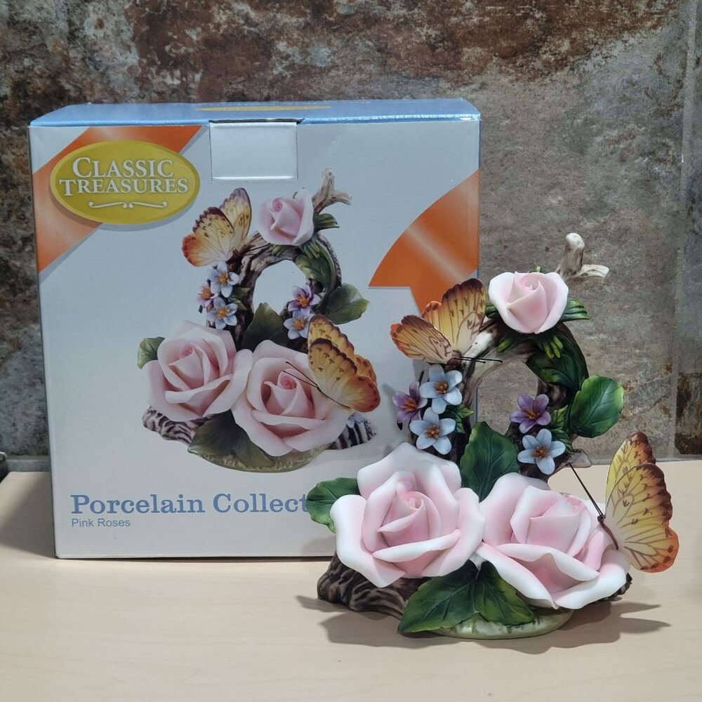 Classic Treasures Porcelain Collectable Butterflies Pink Roses Figurine